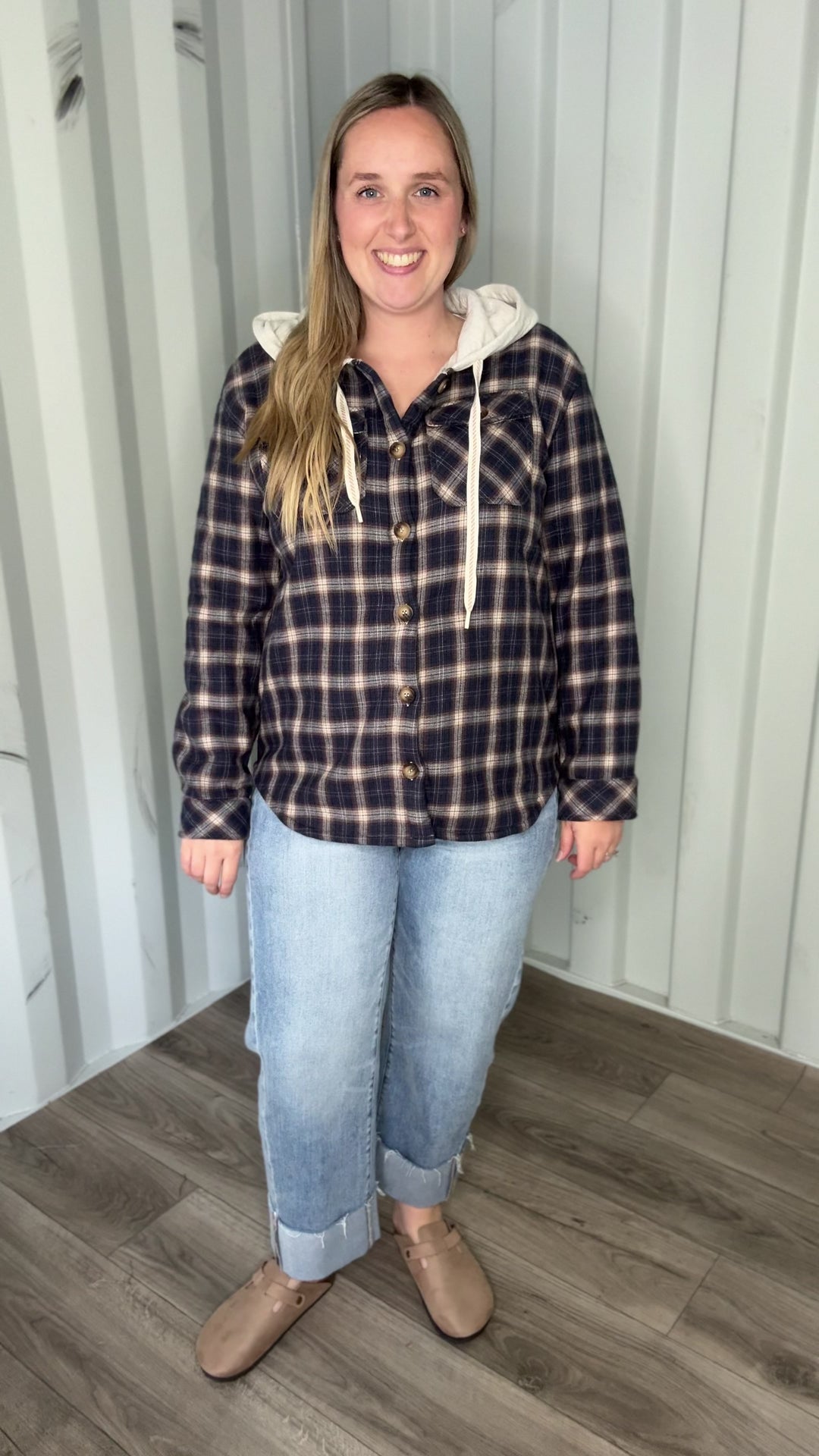 Allspice Fleece Lined Plaid Shacket- NAVY