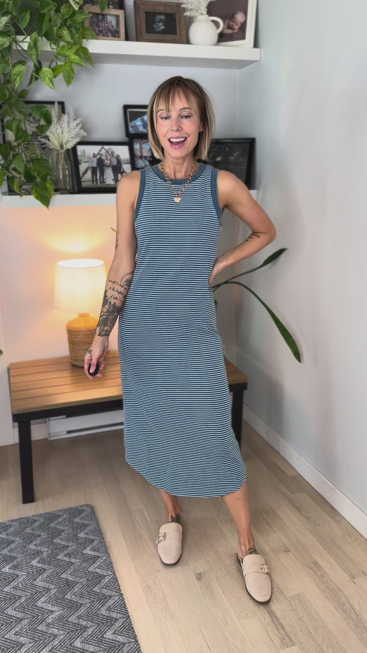 Florence Stripe Tank Knit Midi Dress- DENIM