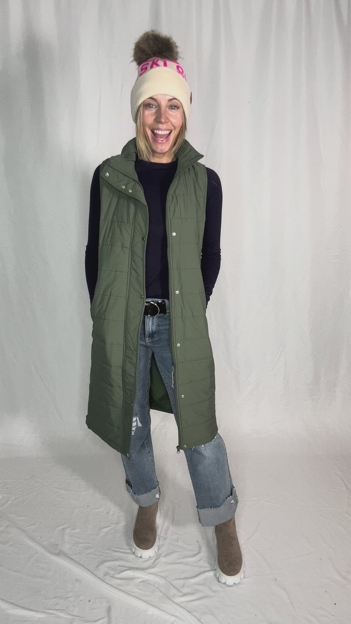 Kendall Long Line Puffer Vest- OLIVE