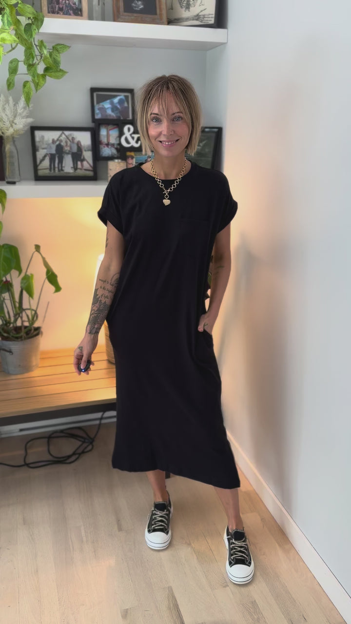 Yara Stretch Cotton Midi Dress- BLACK