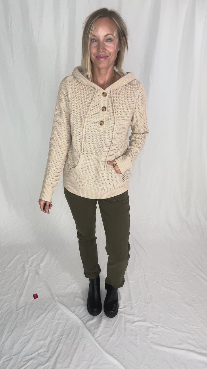 Viso Half Button Waffle Hooded Sweater- OATMEAL