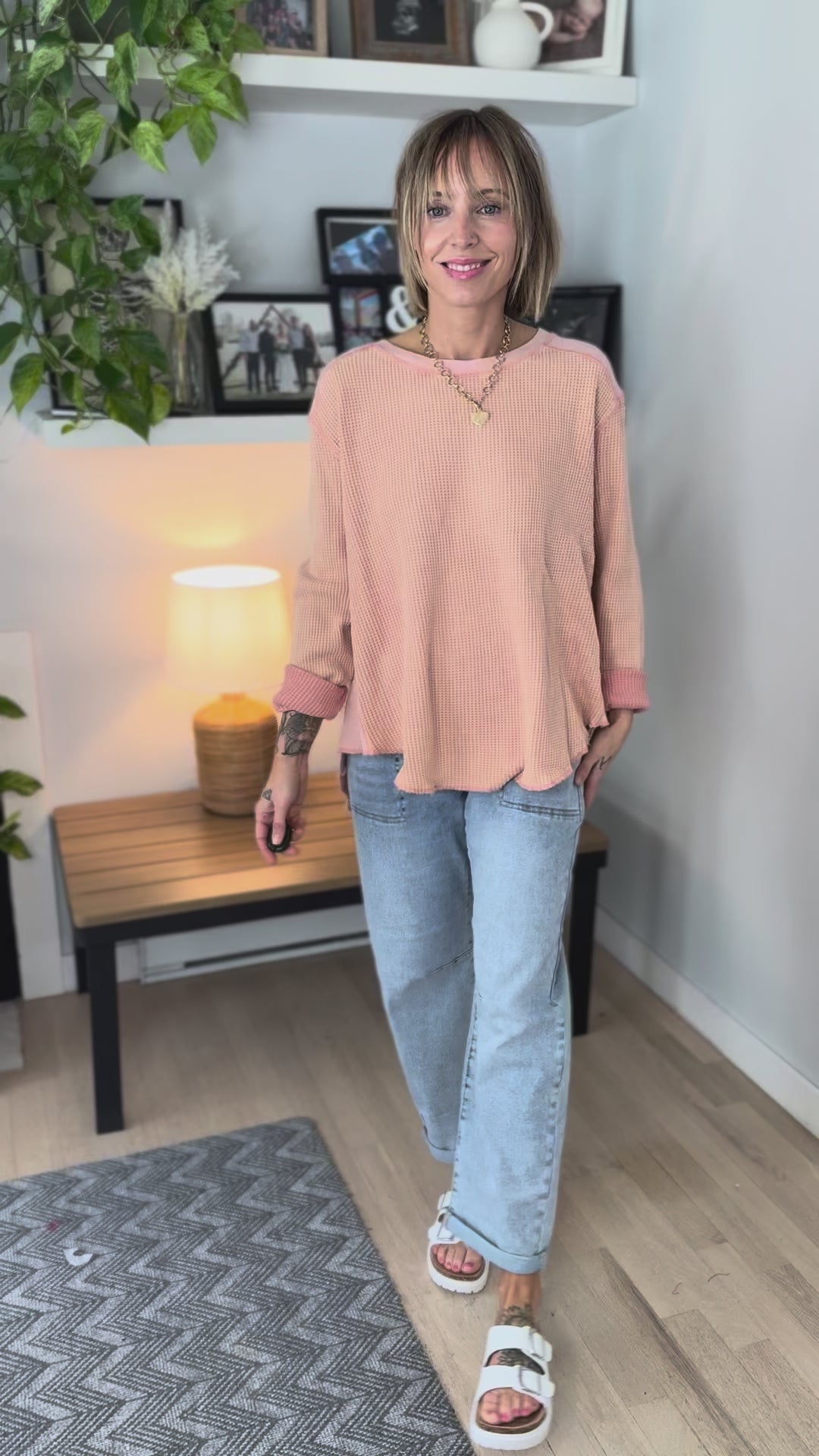 Tove Waffle Tunic Pullover- PEACH PINK