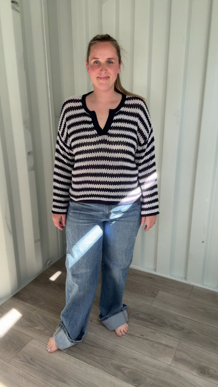 Auburn Stripe Raw Edge Sweater- NAVY