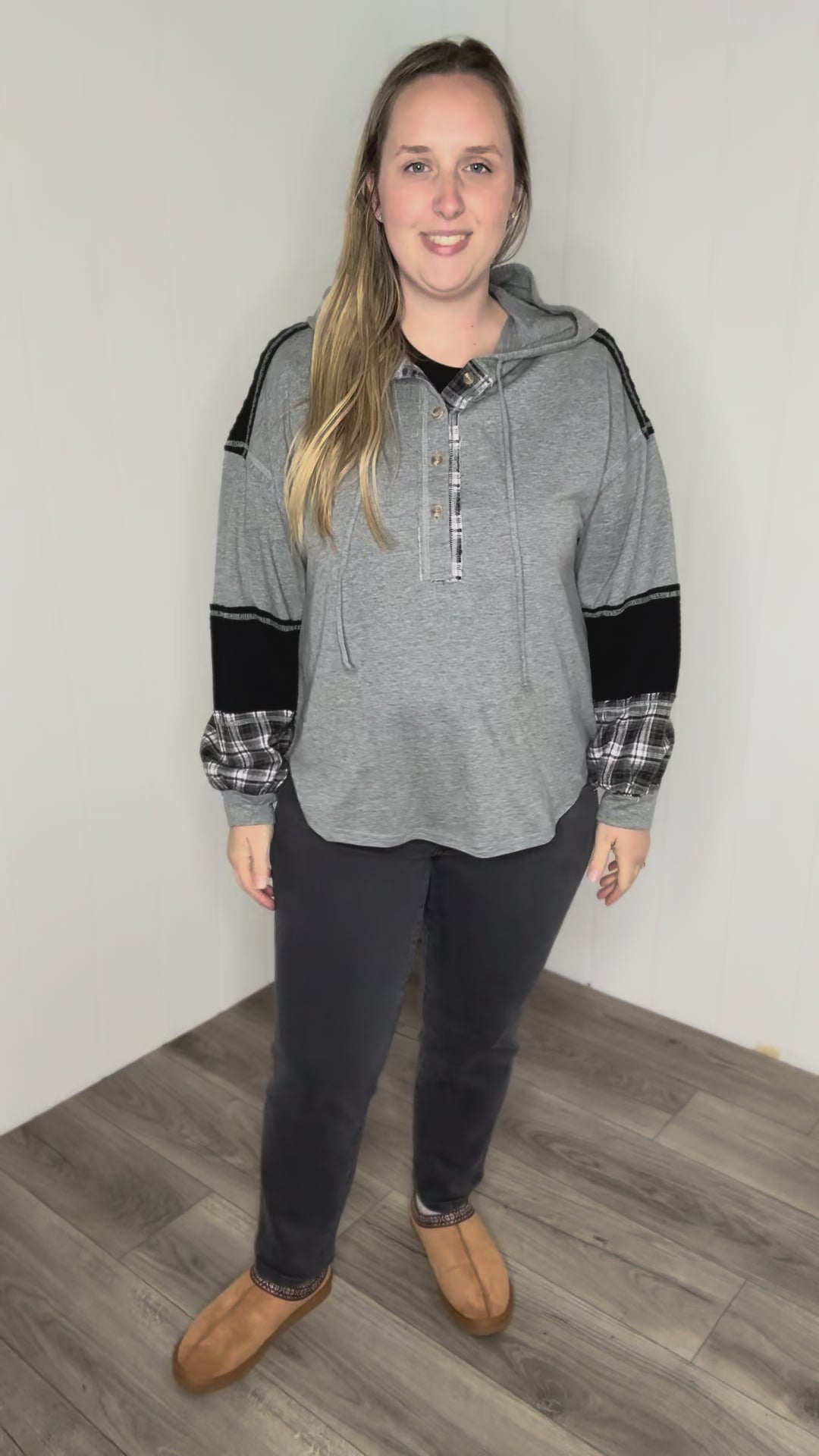 Maren Plaid Cotton Hoodie- HEATHER GREY