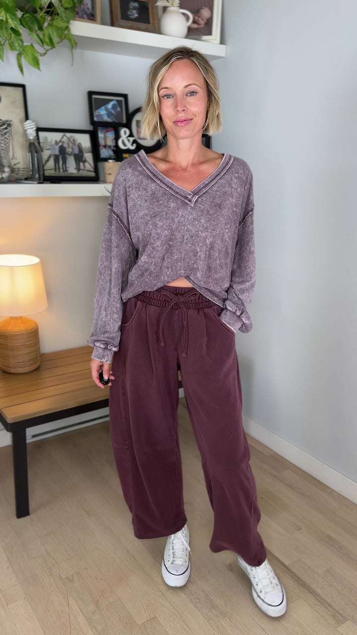 Shiloh Washed Cotton Inverted Seam Long Sleeve- EGGPLANT