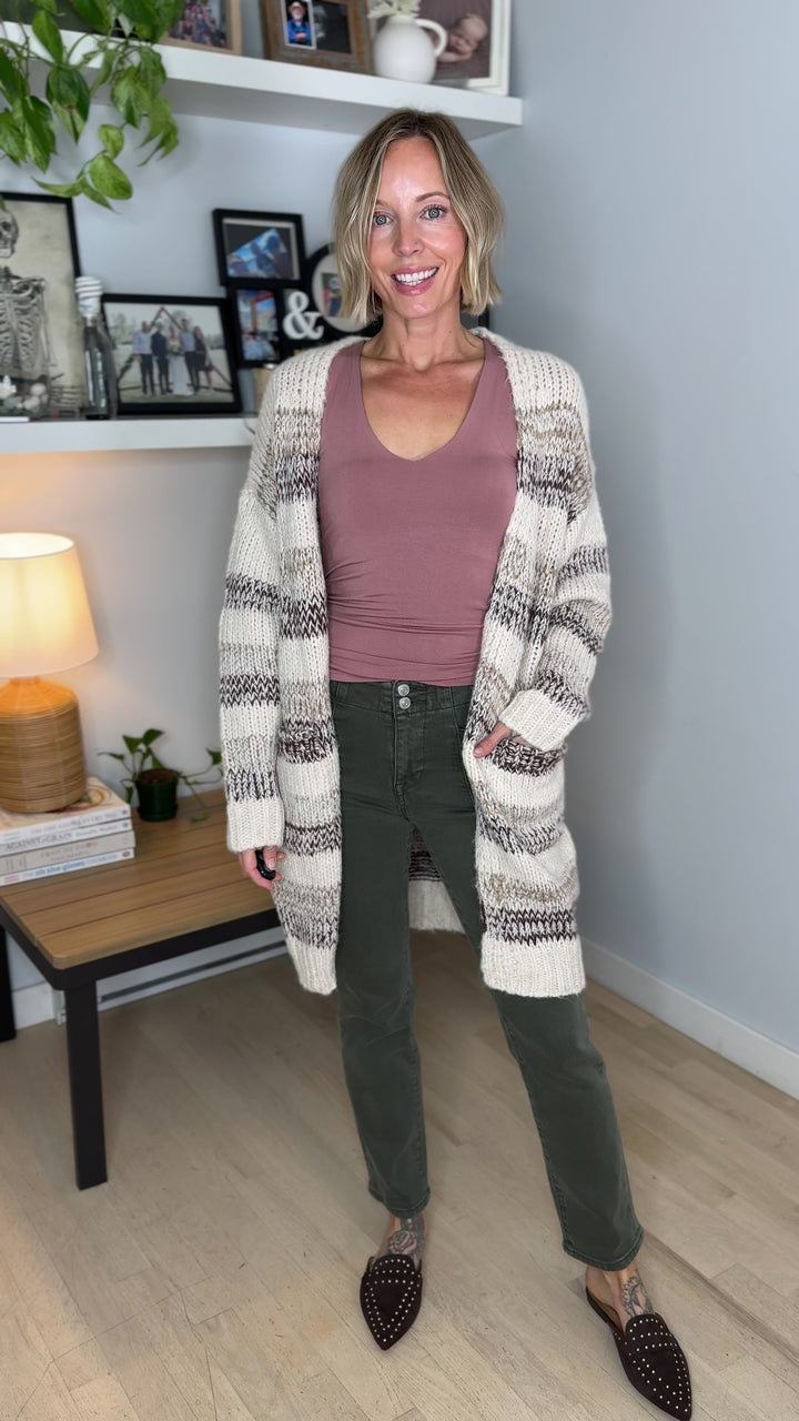 Isley Long Sleeve Striped Cardigan- OATMEAL/BROWN