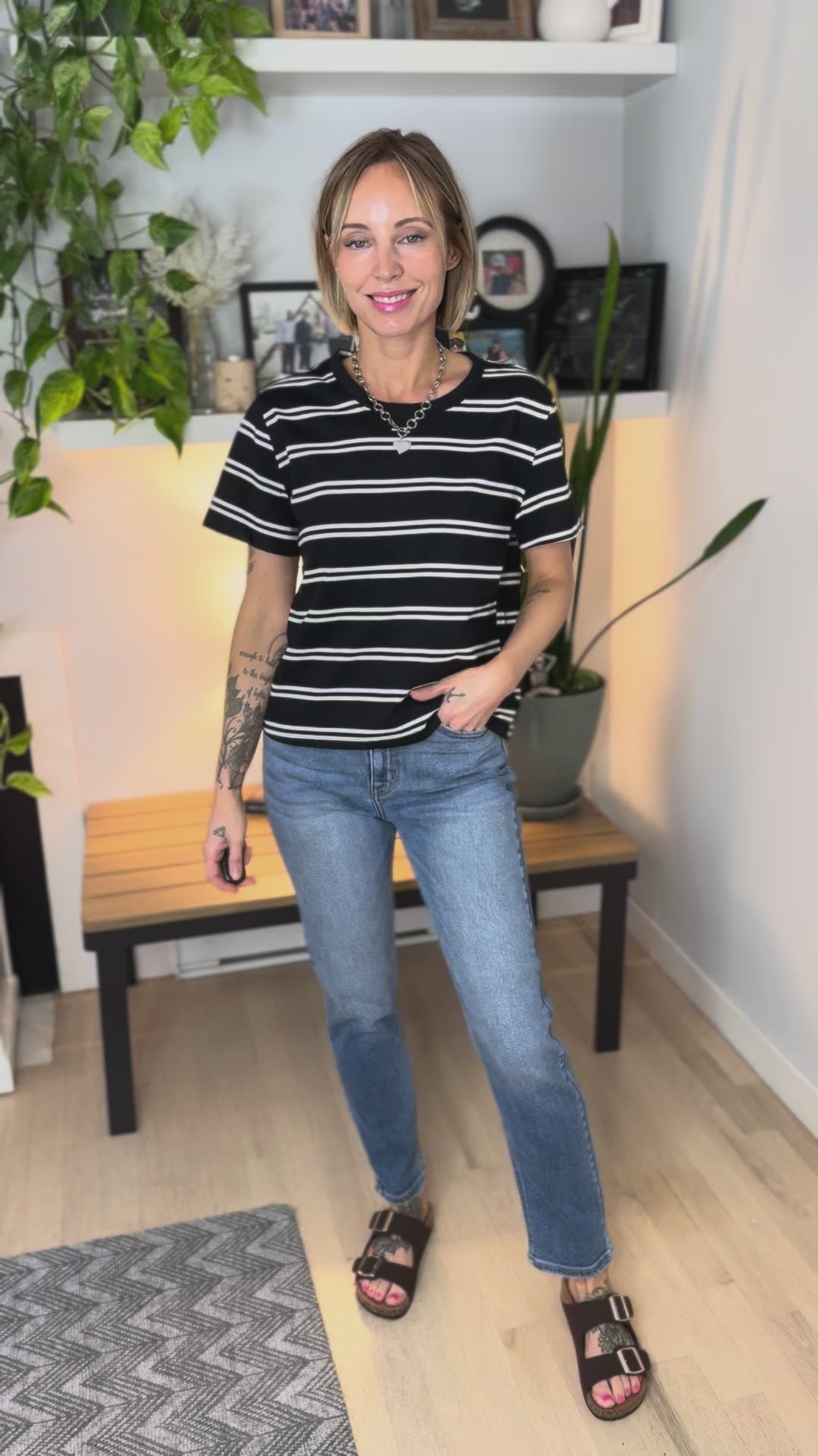 Tae Striped Cotton Blend Tee- BLACK