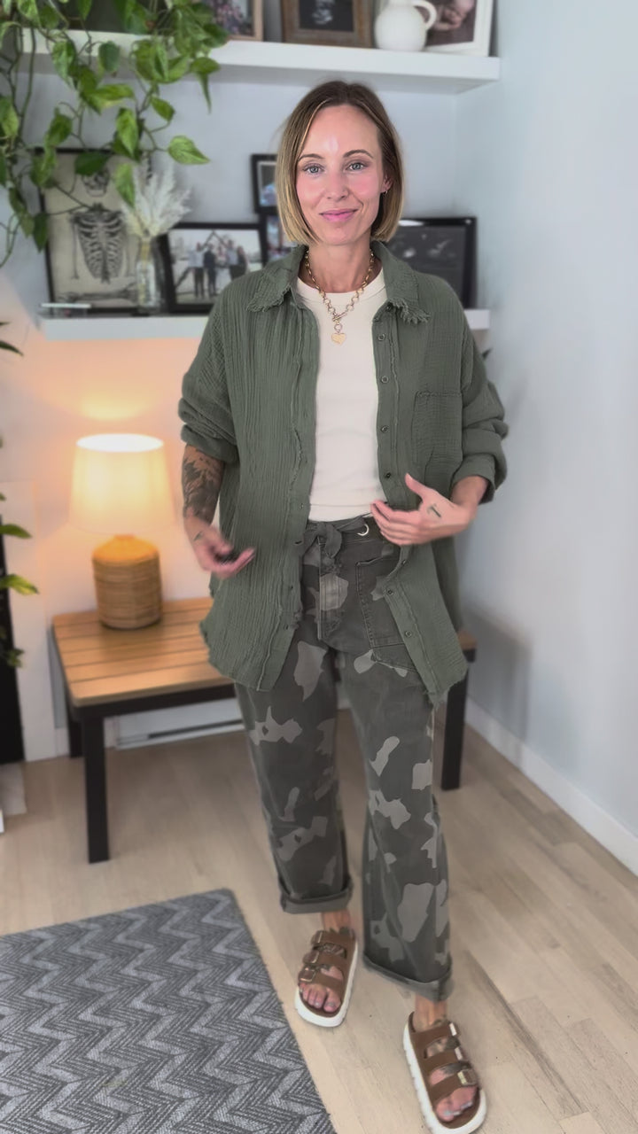 Baylea Cotton Gauze Button Down- LT OLIVE