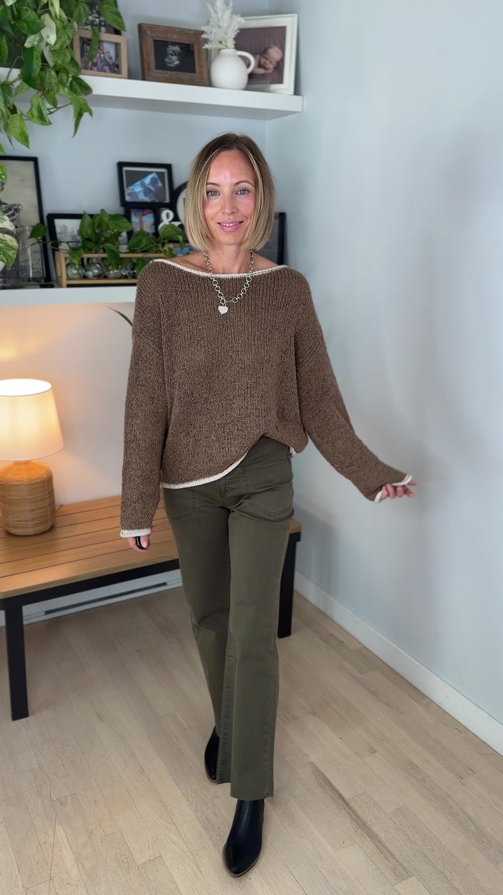 Harvest Colorblock Trim Sweater- MOCHA