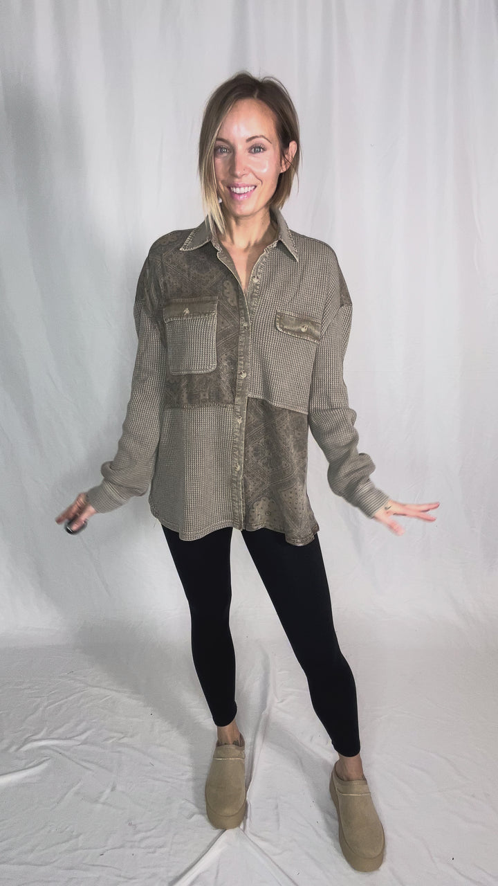 Amera Paisley Print Mix Button Down Shacket- COFFEE