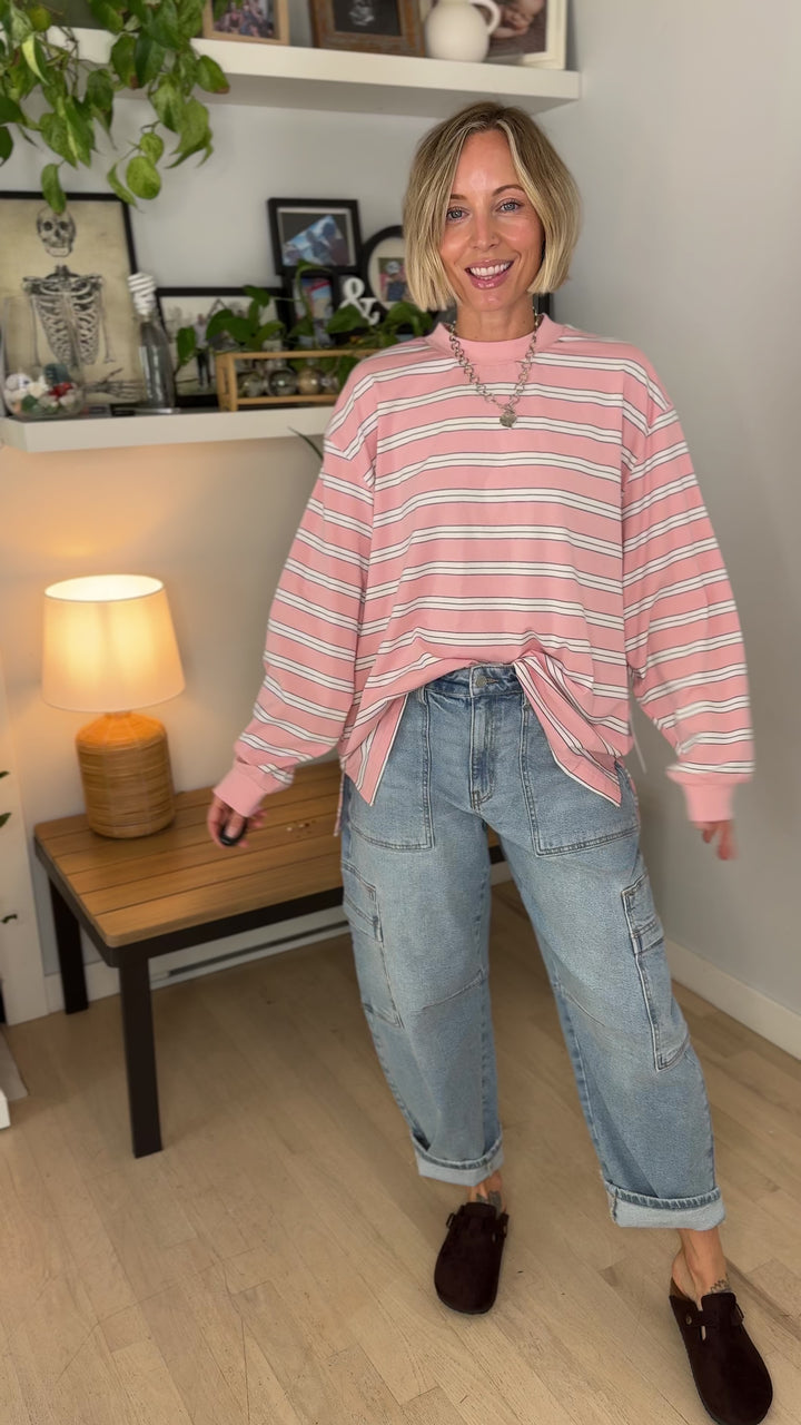 Cady Stripe Long Sleeve Pullover- BABY PINK