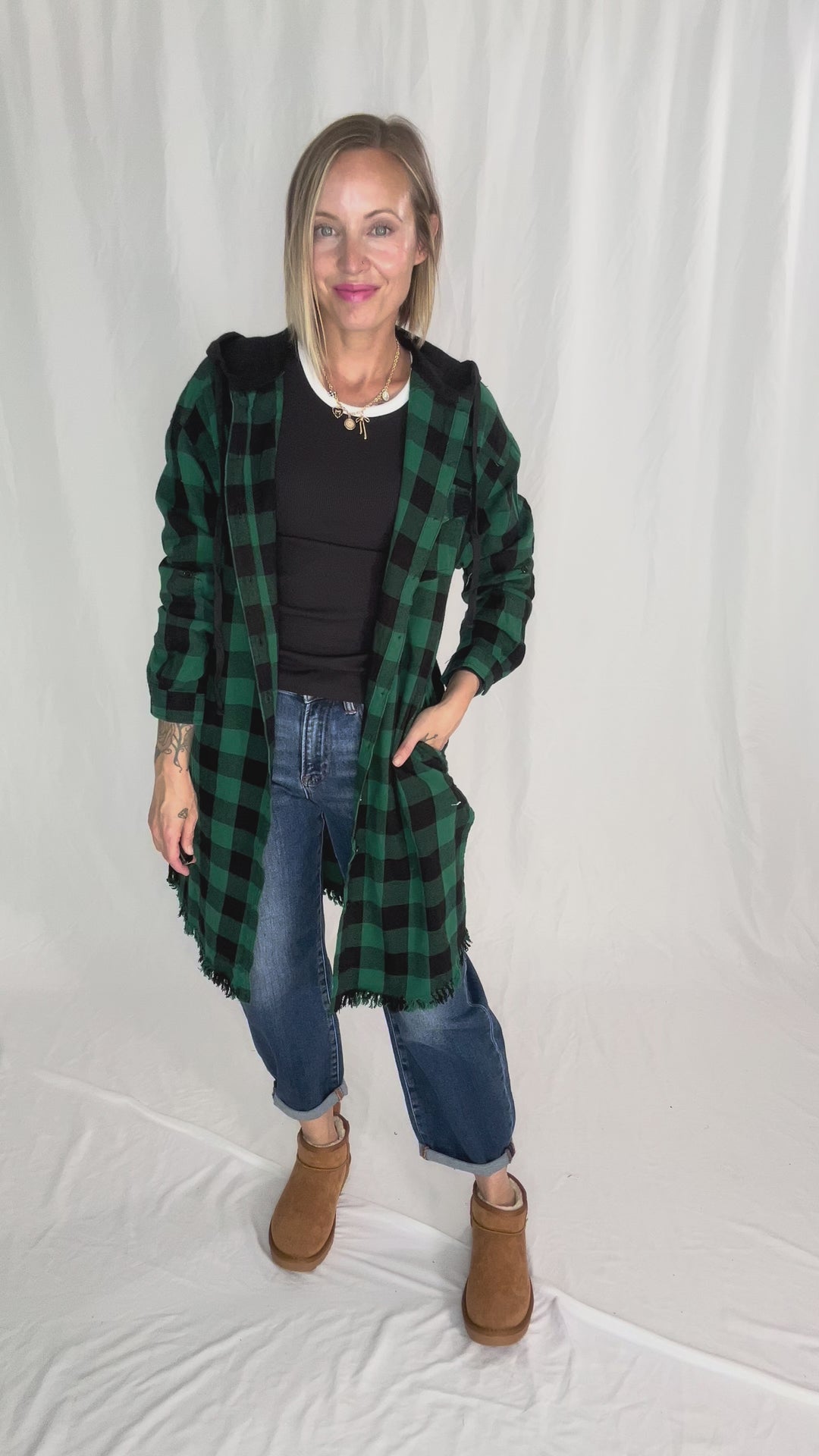 Falling Leaves Plaid Hoodie Jacket- GREEN