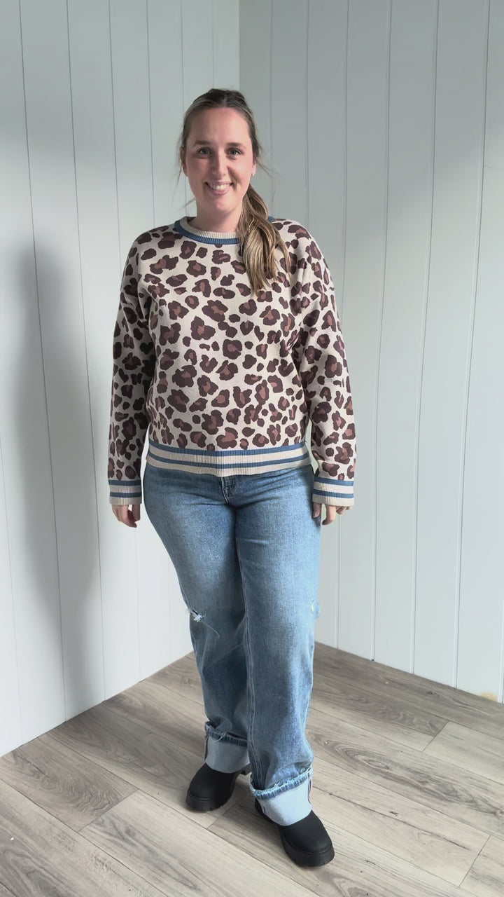 Ryder Colour Trimmed Leopard Crew Neck Sweater- BLUE