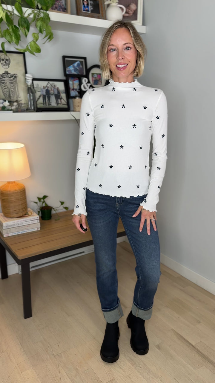 Mila Mock Neck Cabbage Hem Long Sleeve Top- WHITE