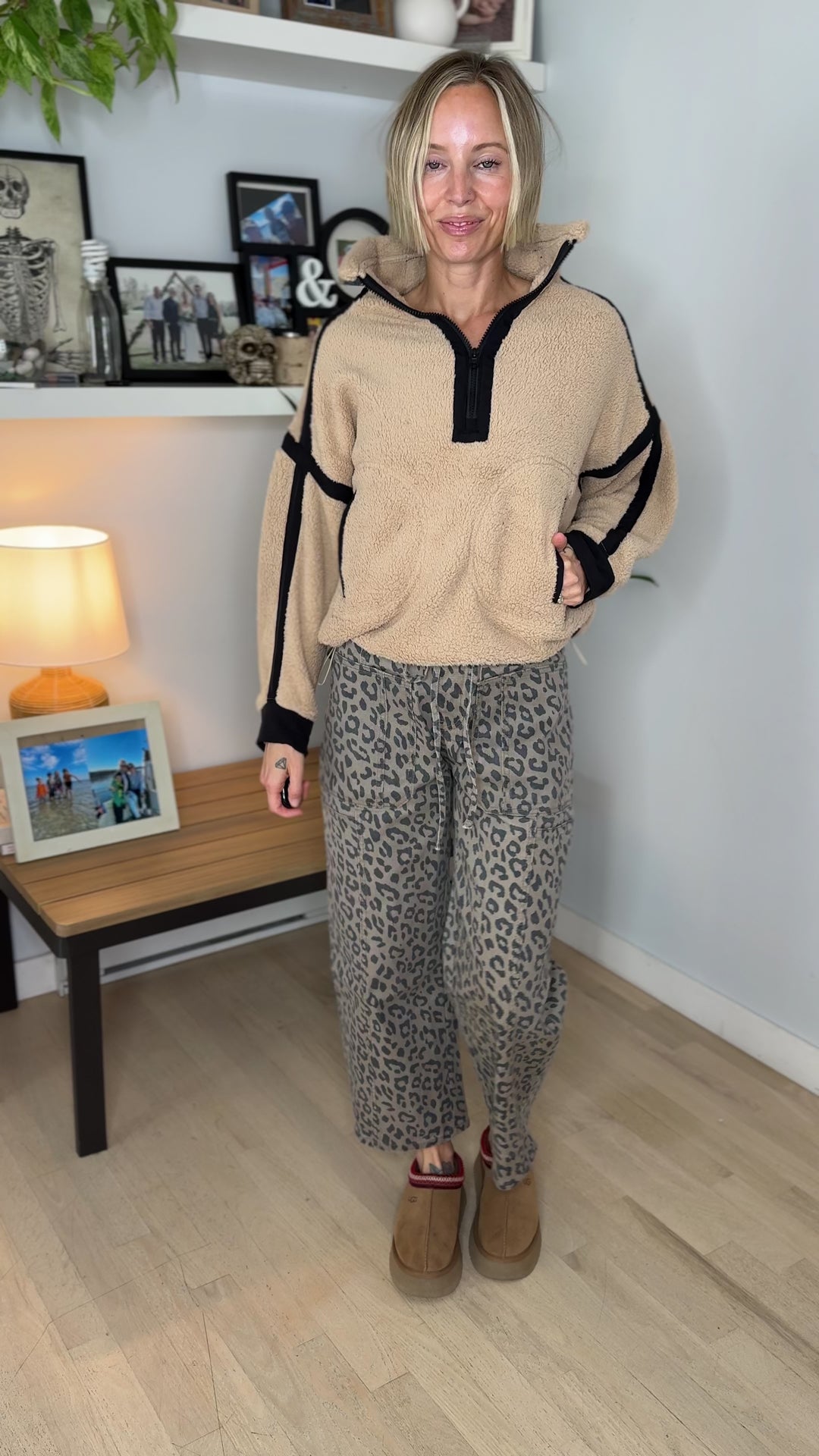 Justina Half Zip Sherpa Fleece Pullover- TAN/BLACK