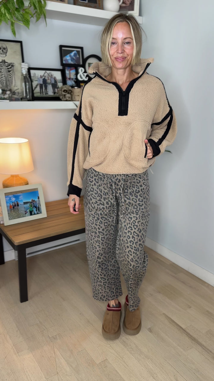 Justina Half Zip Sherpa Fleece Pullover- TAN/BLACK