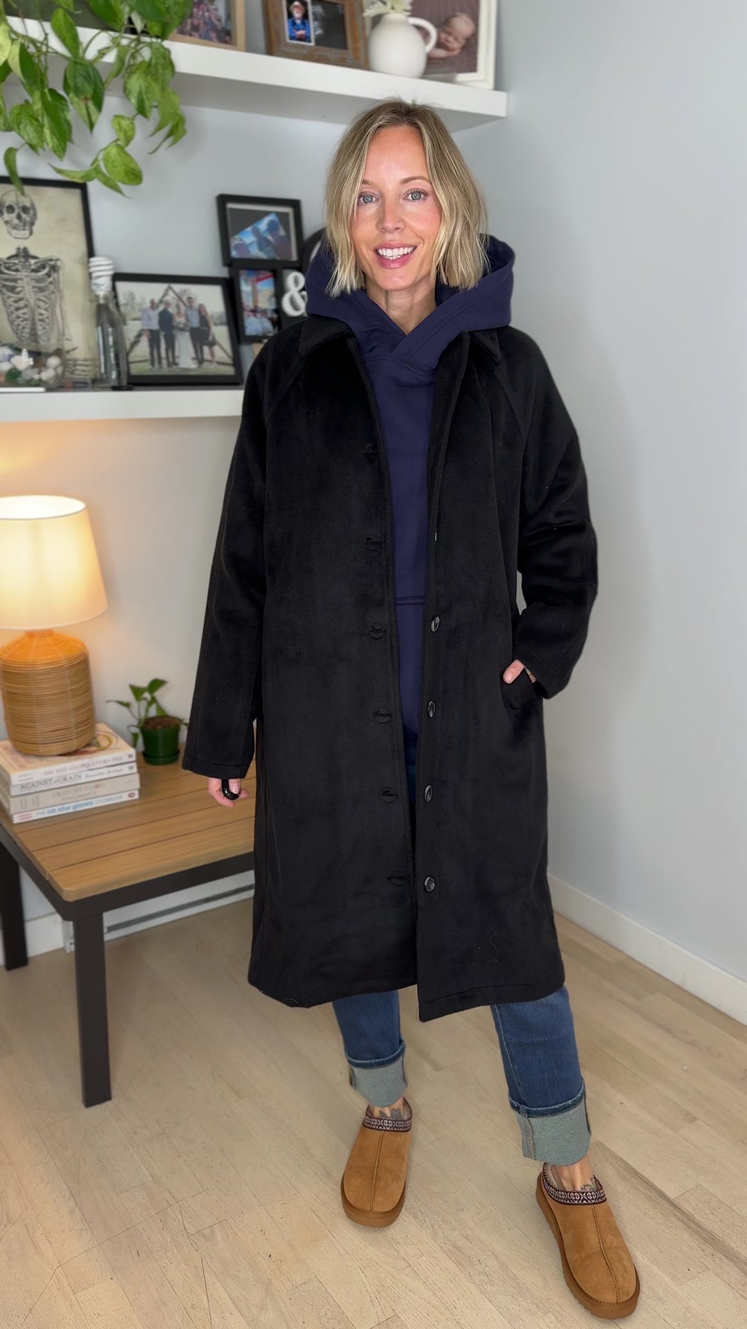 Woodrose Oversized Long Line Brushed Coat- BLACK