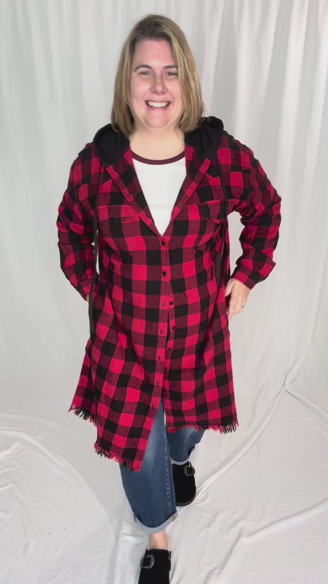 Falling Leaves Plaid Hoodie Jacket- RED