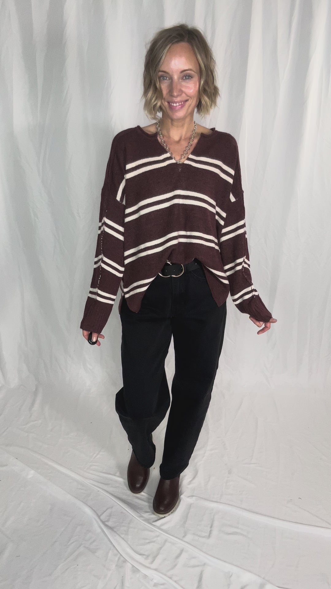 Kailey Notch Neck Striped Knit Sweater- CHESTNUT-FINAL SALE