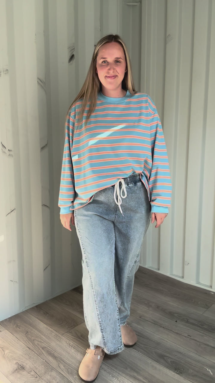 Cady Stripe Long Sleeve Pullover- BLUE/PEACH