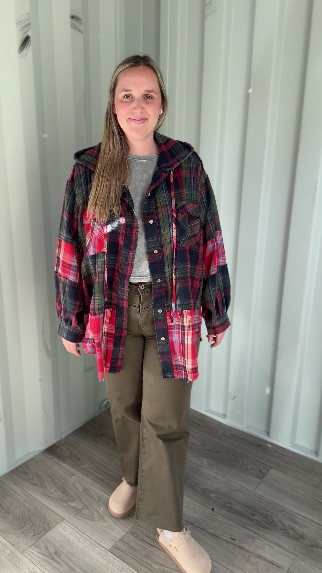 Frances Long Sleeve Plaid Mineral Wash Jacket- RED/NAVY