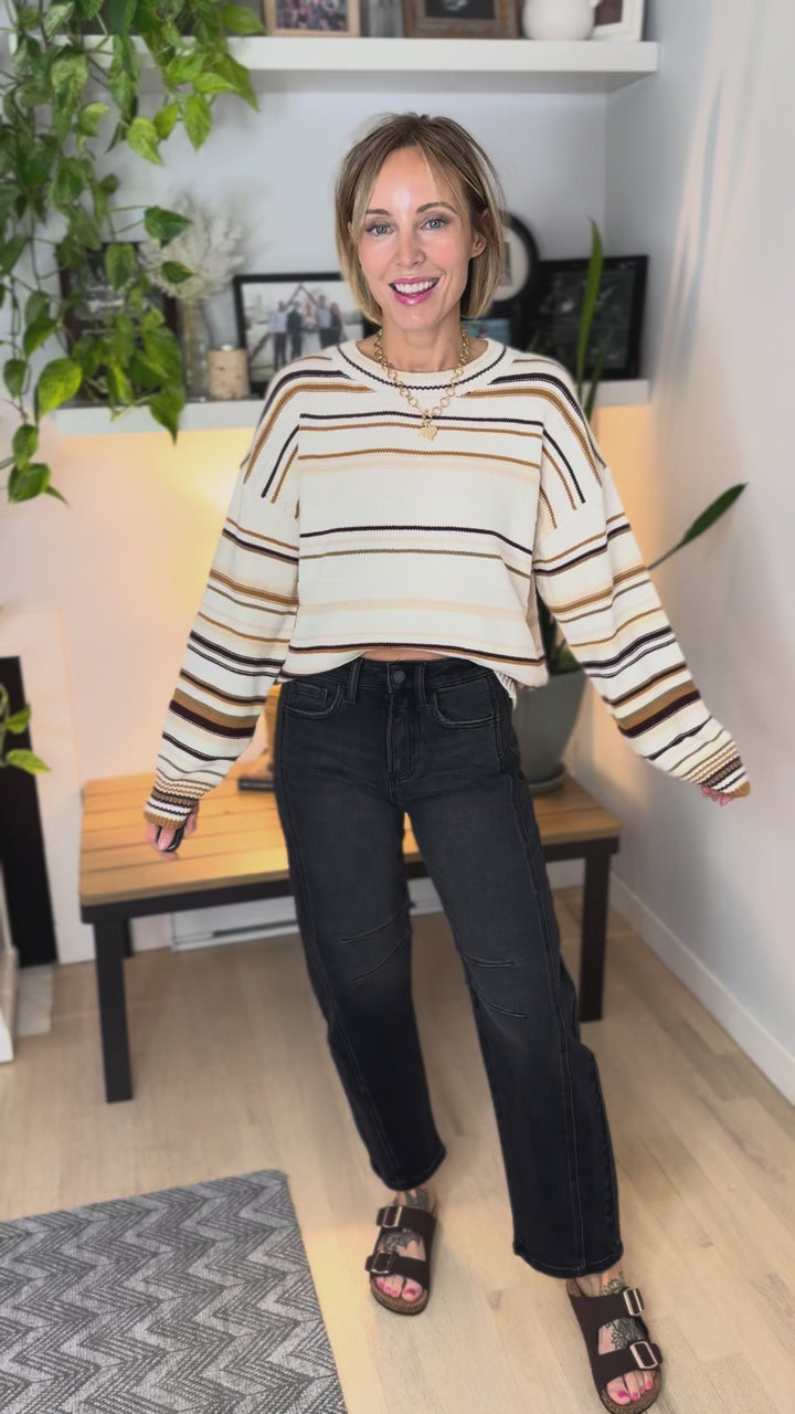 Ashlynd Stripe Knit Sweater- ECRU/COFFEE