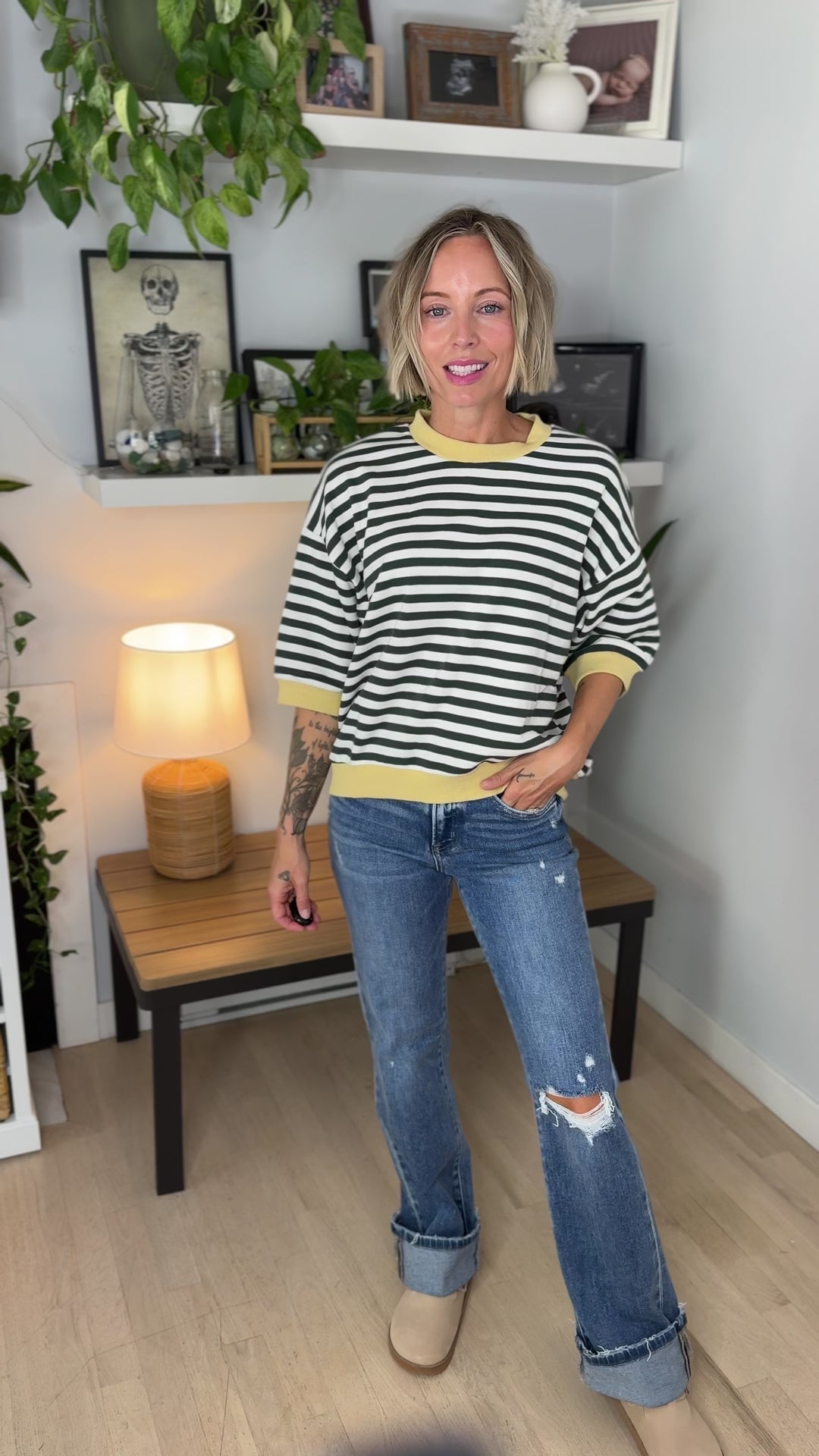 Bramble Colour Block Stripe Short Sleeve Pullover- HUNTER GREEN