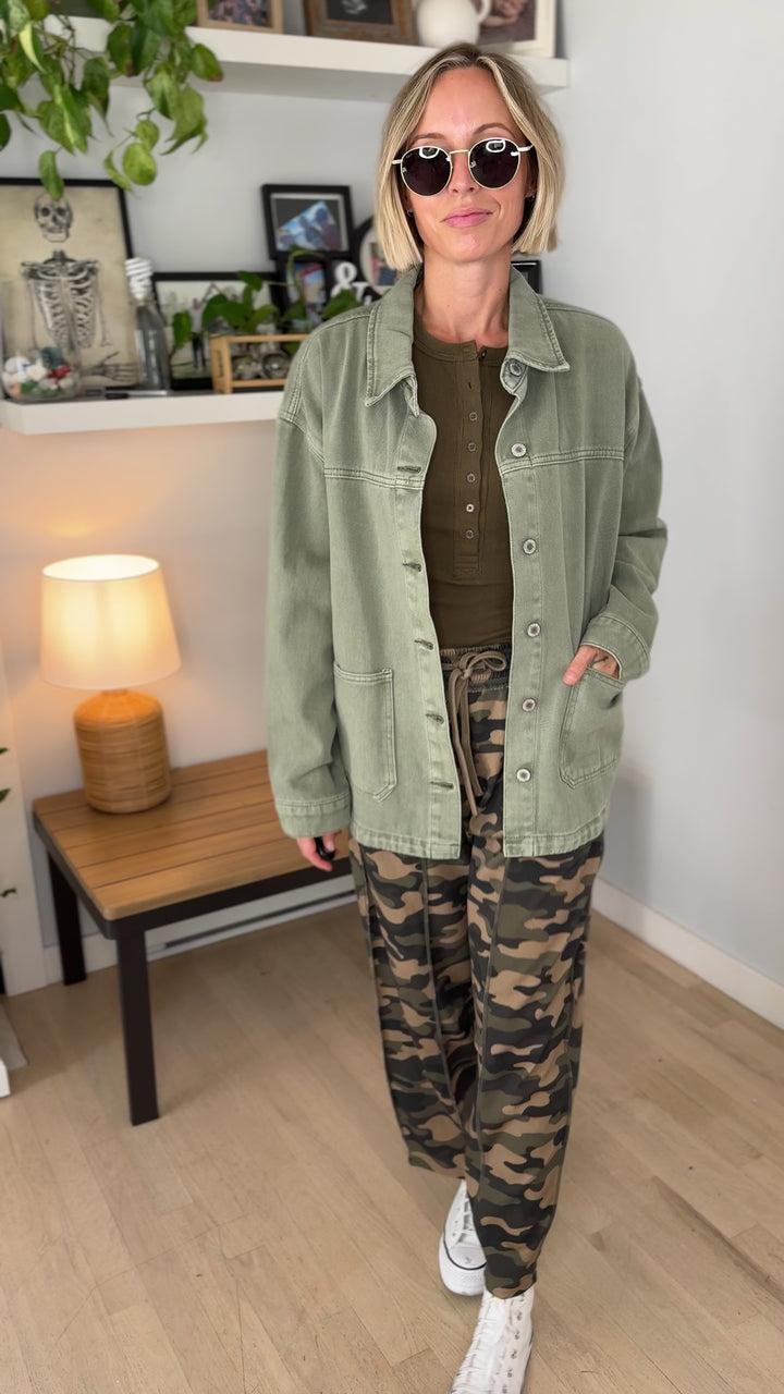 Grace Denim Button Up Jacket- OLIVE