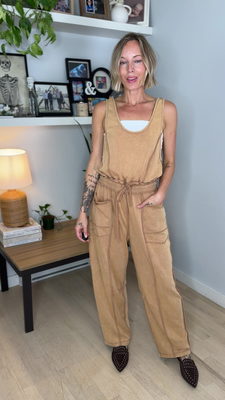 Amery Mineral Washed Jumpsuit- CAMEL