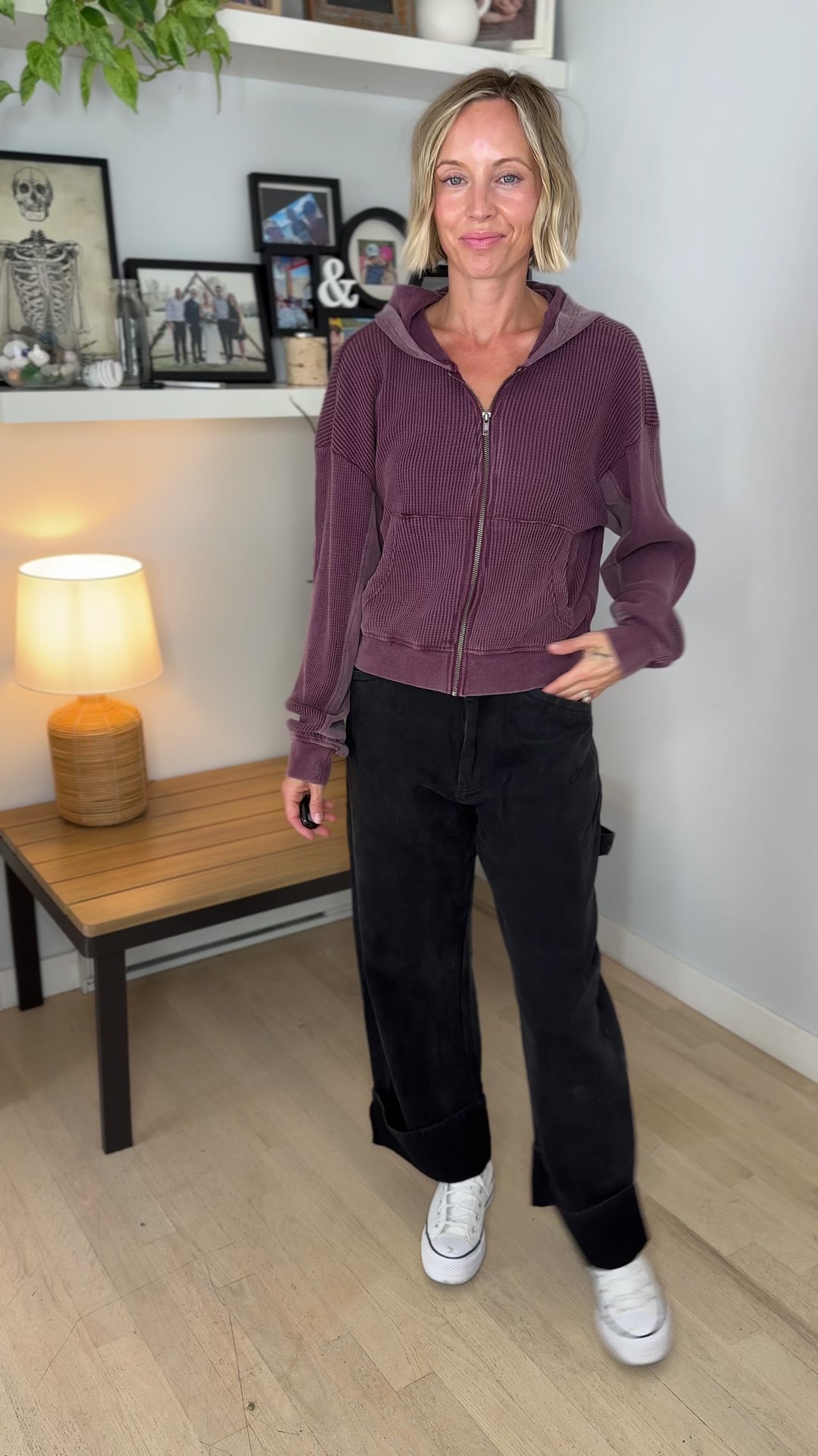 Tatum Washed Waffle Full Zip- DARK CHERRY