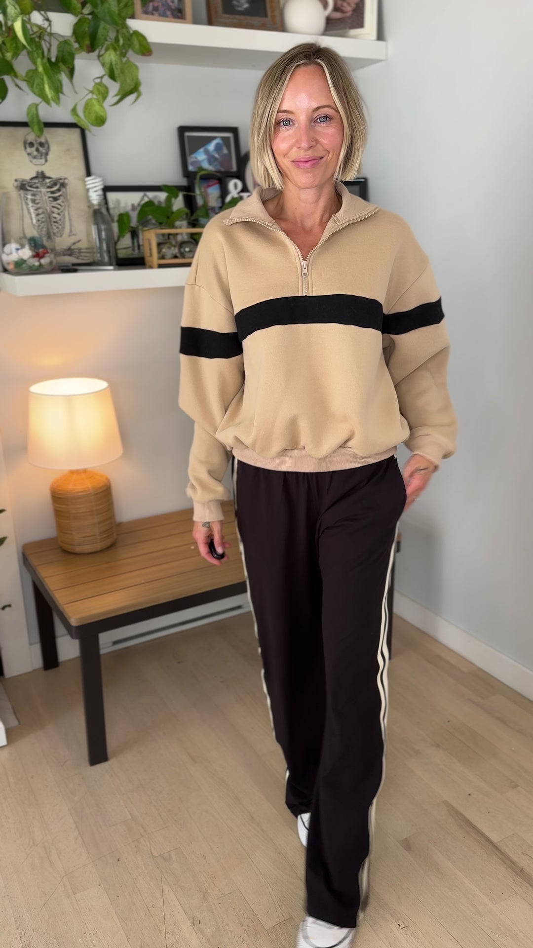 Elm Stripe Block 1/4 Zip- TAUPE/BLACK