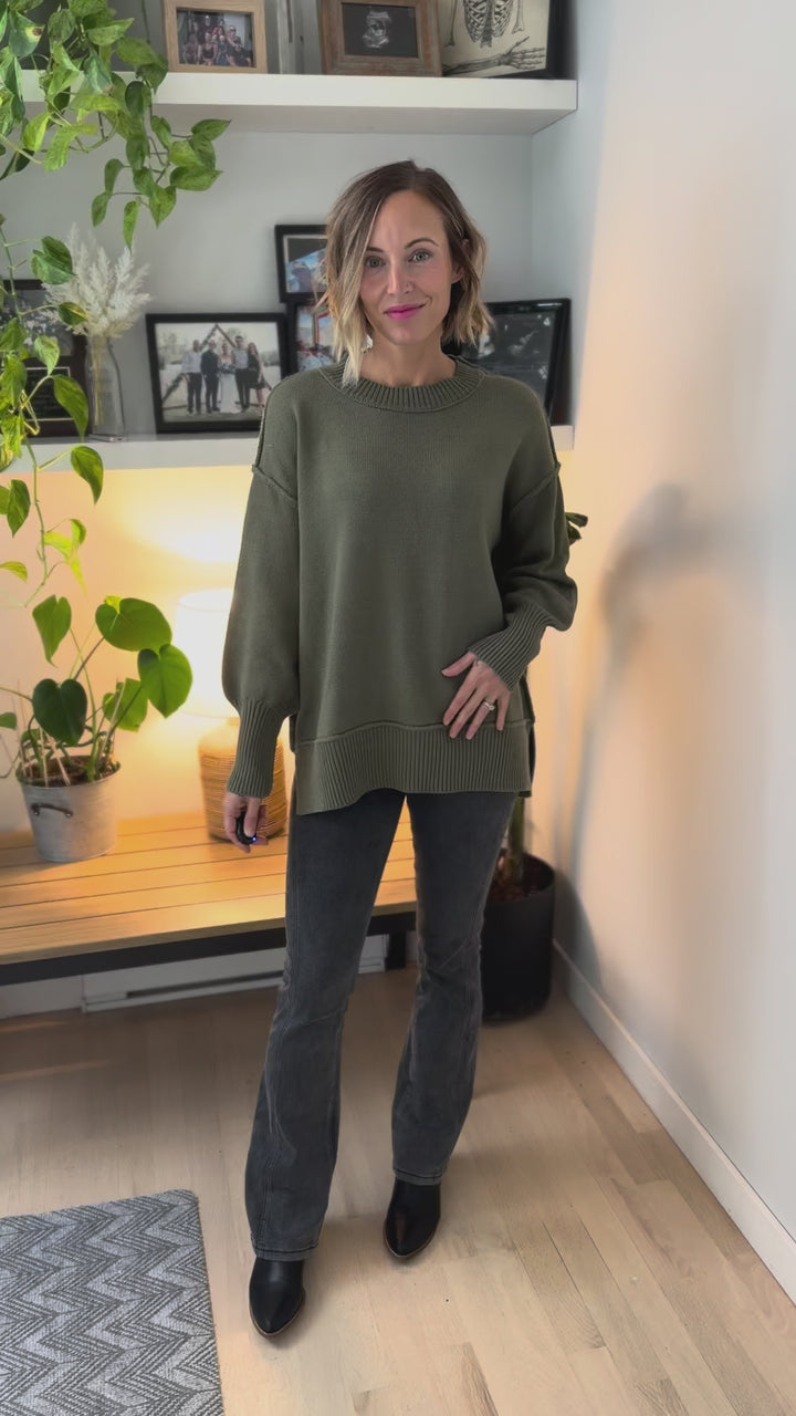 Katie Classic Crewneck Knit Sweater- OLIVE