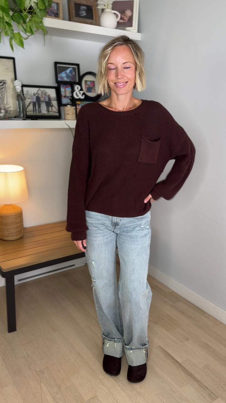 Sunday Raw Edge Pocket Sweater- CHOCOLATE BROWN
