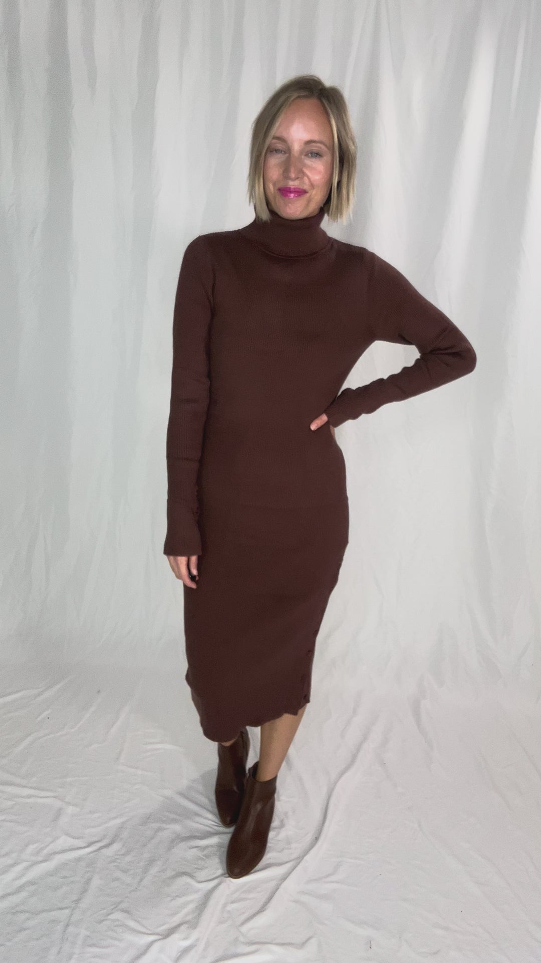 Trudee Turtleneck Midi Dress- BROWN