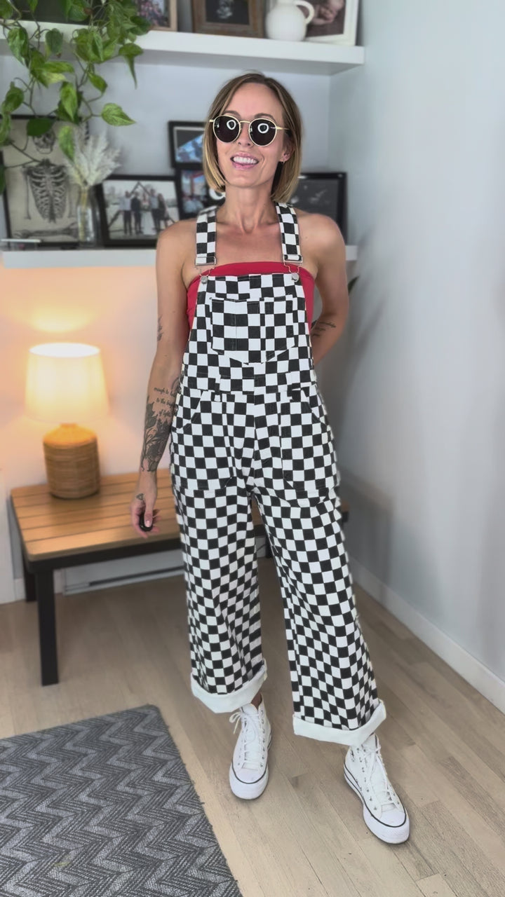 Game Day Checkered Overalls- BLACK