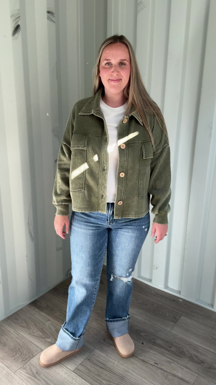 Ryanne Washed Fleece Shacket- LIGHT OLIVE