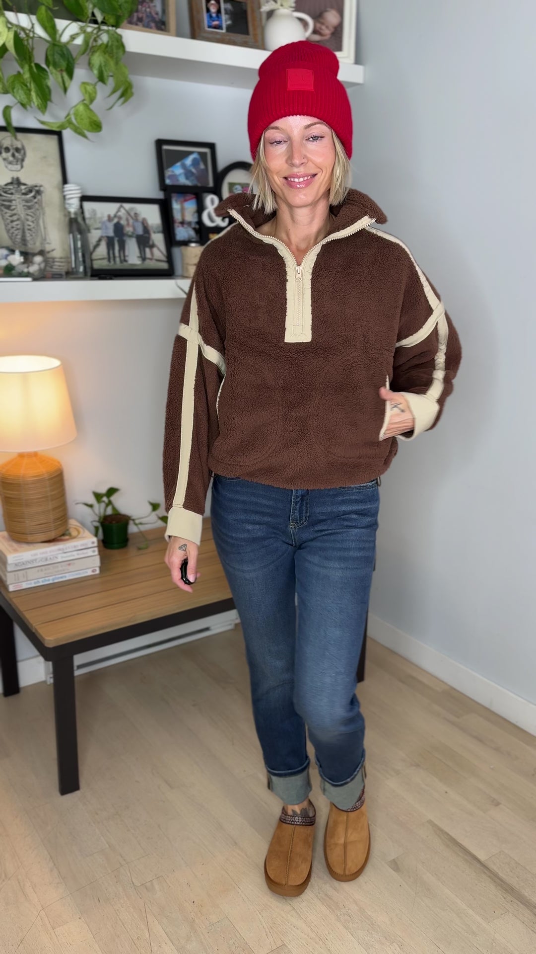 Justina Half Zip Sherpa Fleece Pullover- BROWN