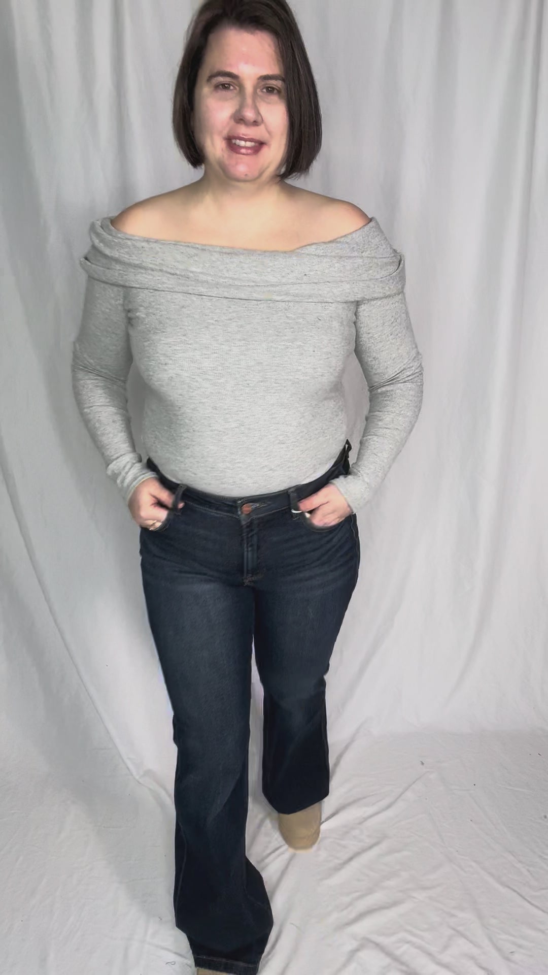 Cleo Off Shoulder Long Sleeve Bodysuit- HTHR GREY