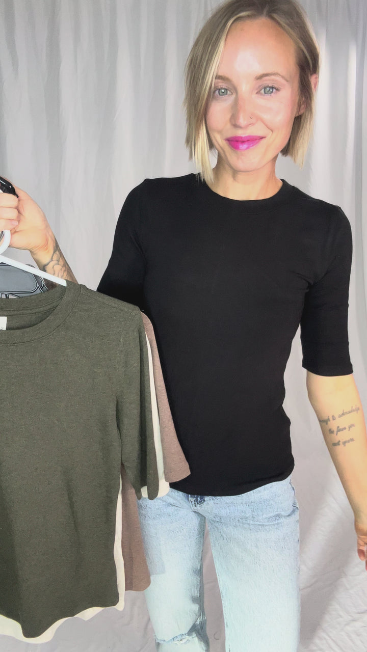 Janelle Soft Classic Ribbed Crewneck 1/2 Sleeve- WINTER FOREST