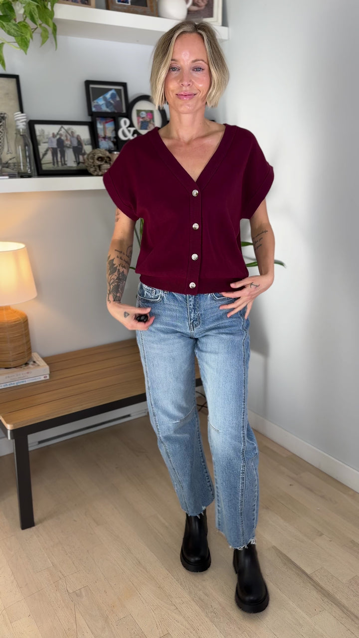 Thyme Short Sleeve Sweater- BURGUNDY