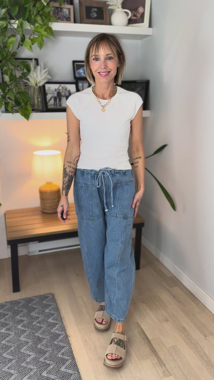 Jolie Washed Exposed Seam Henley Ribbed Knit Top- WHITE