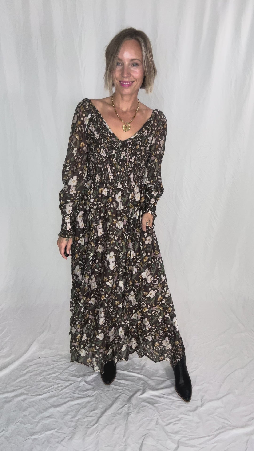 Kora Smocked Floral Maxi- MOCHA