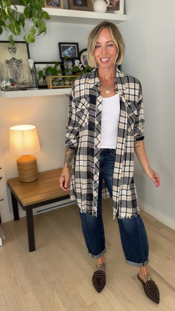 Spruce Bleached Plaid Duster- IVORY/NAVY