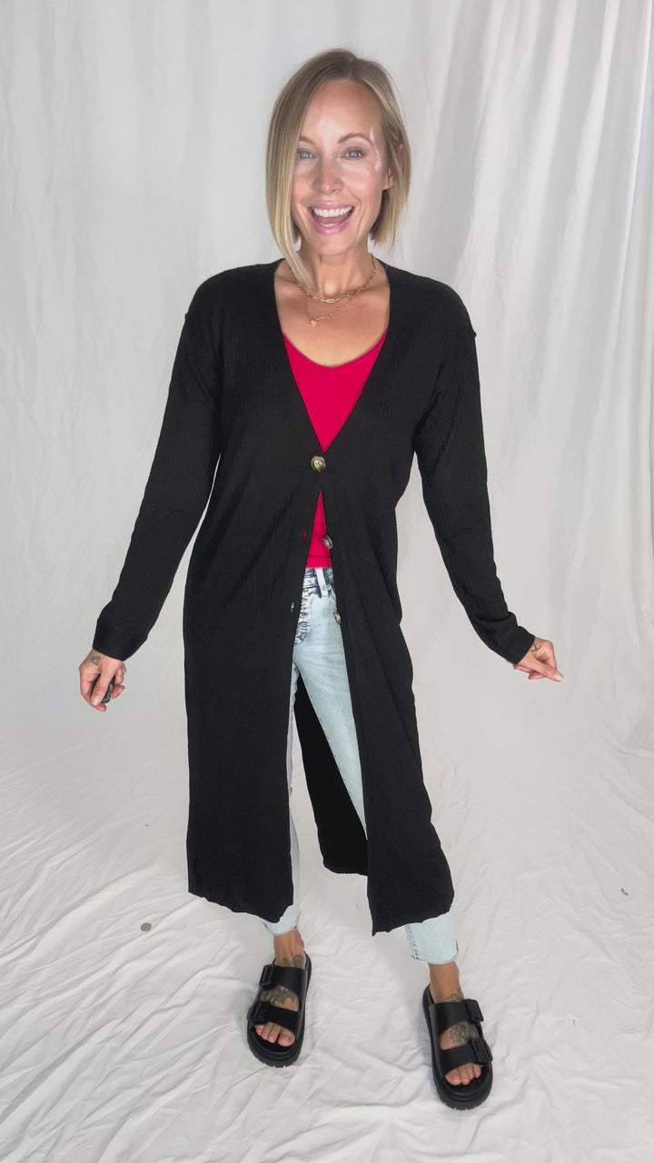 Railey Long Line Button Front Cardigan- BLACK