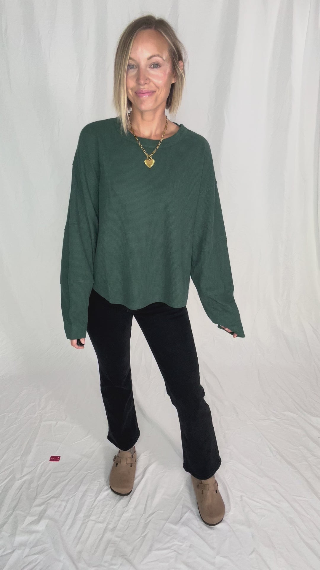 Alessia Waffle Long Sleeve- DARK GREEN