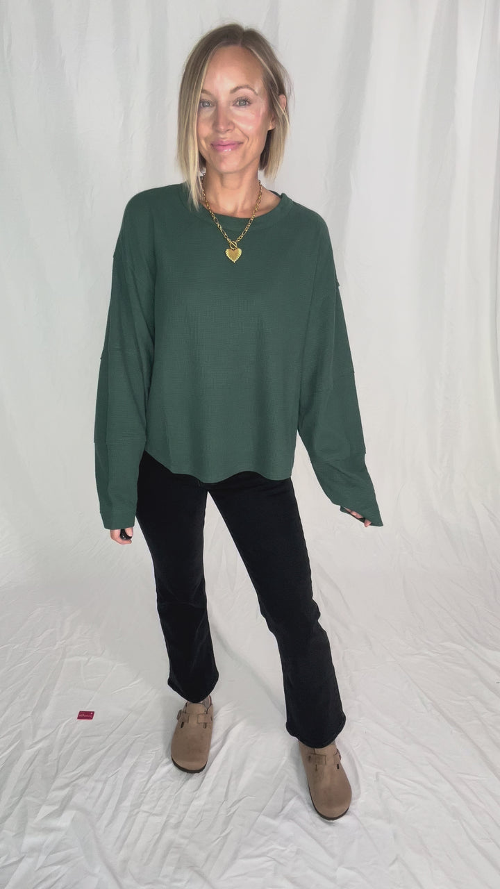 Alessia Waffle Long Sleeve- DARK GREEN