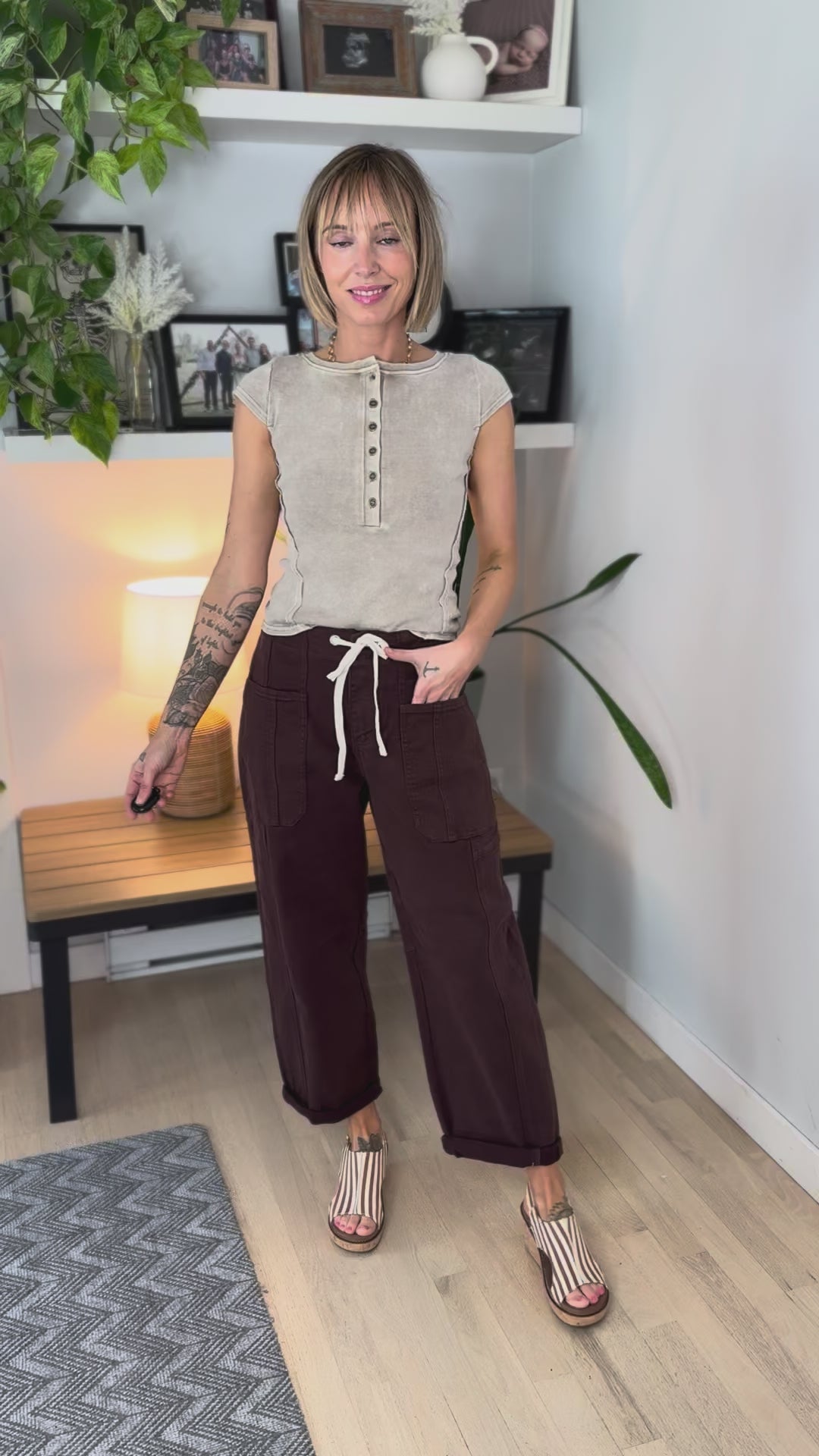 Jolie Washed Henley Ribbed Knit Top- MOCHA