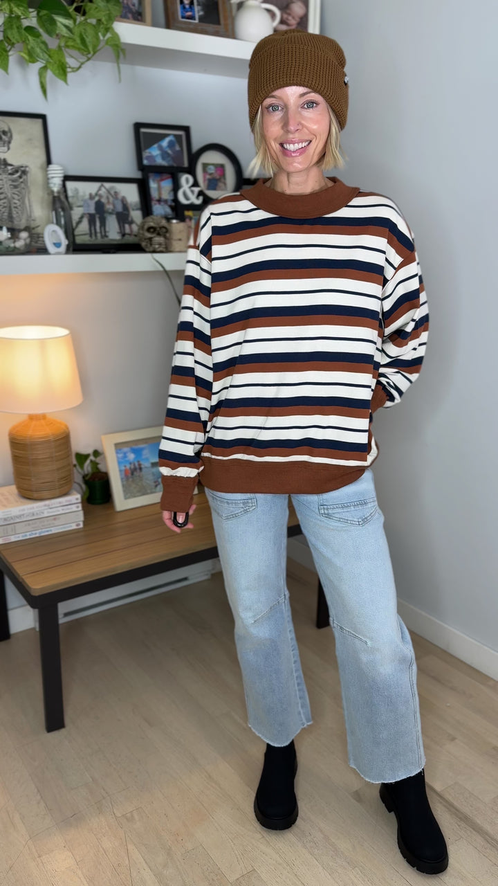 Elodie Oversized French Terry Striped Sweatshirt- CAMEL/NAVY/CREAM