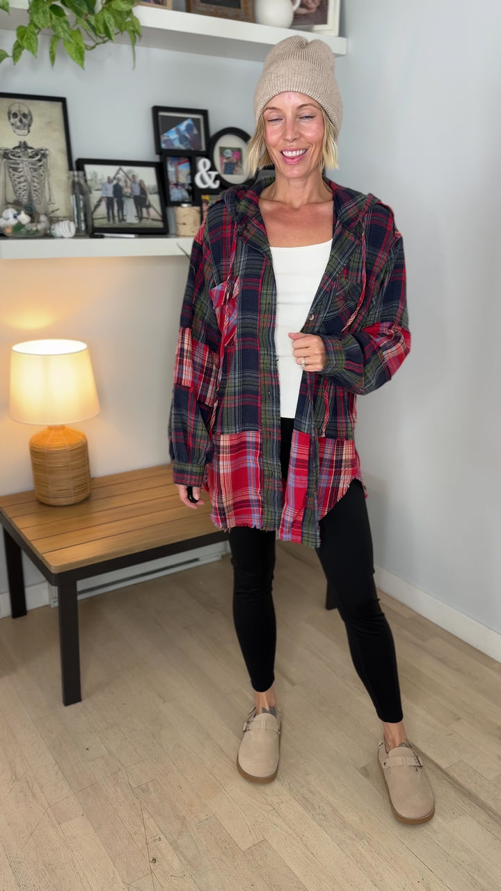 Frances Long Sleeve Plaid Mineral Wash Jacket- RED/NAVY