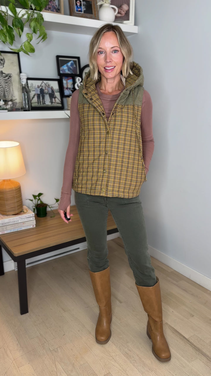 Dovie Quilted Cotton Hooded Vest- MUSTARD PLAID